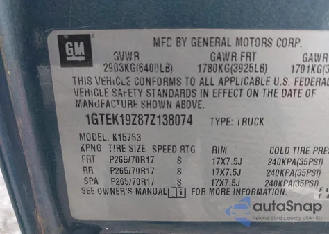 2007 GMC Sierra 1500 Classic Sle2 z USA, uszkodzony, nr VIN 1GTEK19Z87Z138074